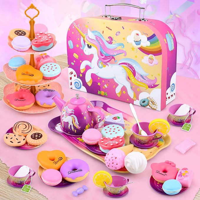 Auney Tea Party Set Toys for Girls, Tin Unicorn Tea Set Pretend Play Girls Toys Gifts for Age 3-6, Kids Toys Gifts for Toddlers Including Carrying Case (New Unicorn)