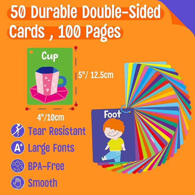 50 PCS Kid First Cognitive Flashcards,Double Sided Printed 7 in 1 Colorful Cards Alphabet,Numbers, Foods,Animals,Shapes,Colors with 3 Reclosable Rings,Learning Tool for Pre-K Kindergarten Toddlers - Image 2