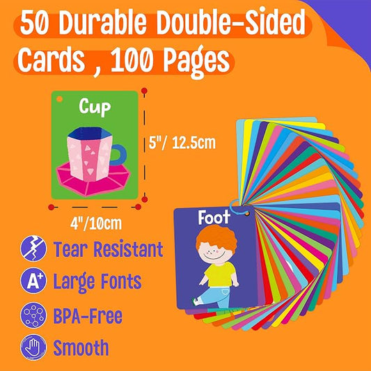 50 PCS Kid First Cognitive Flashcards,Double Sided Printed 7 in 1 Colorful Cards Alphabet,Numbers, Foods,Animals,Shapes,Colors with 3 Reclosable Rings,Learning Tool for Pre-K Kindergarten Toddlers - Image 2