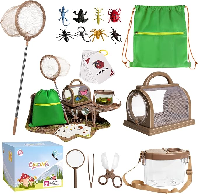 Bug Catcher Kit for Kids Outdoor Explorer Kit with Insect Cage, Observation Box, Magnifying Glass, 8 Toy Bugs, Net & 10 Cards, STEM Educational Toys Gifting for Boys & Girls Ages 3+ by Unknown