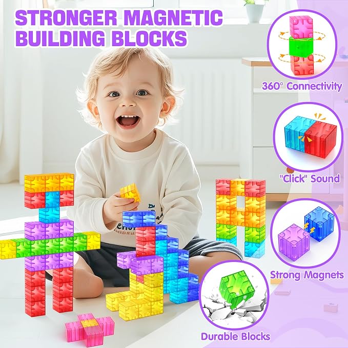 Feoxialy Magnetic Blocks 52pcs Translucent Magnetic Cubes Building Blocks - Image 3