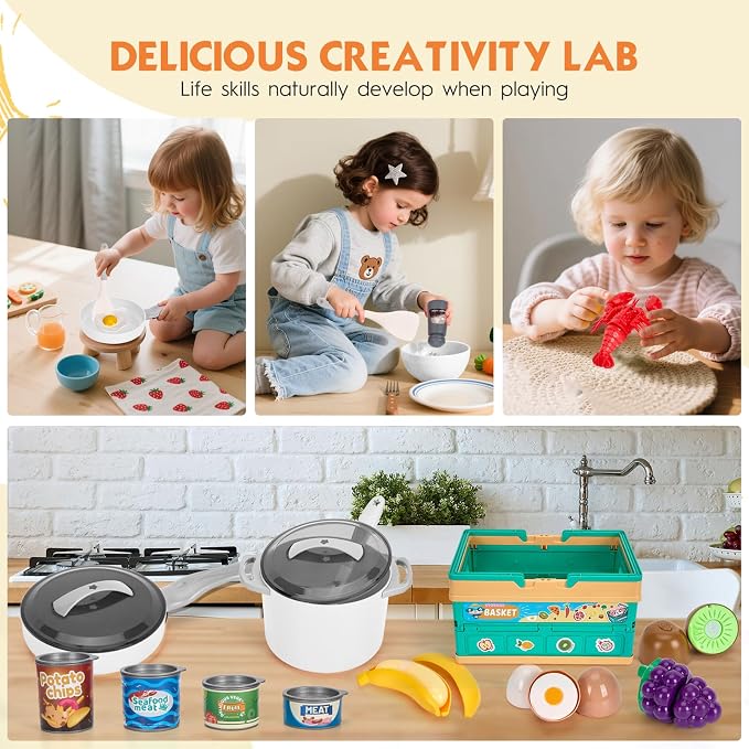 80Pcs Kitchen Playset, Toddler Pretend Cooking with Pots, Pans, Cookware, Food, Picnic Blanket, Fruits, Veges, Shopping Storage Basket, Dessert , Learning Gift for Girls Boys (White) - Image 7