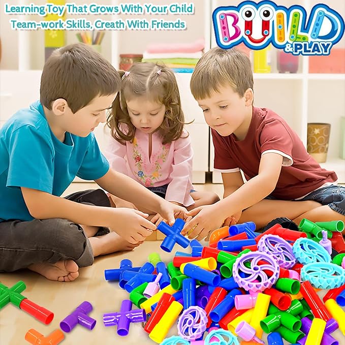 FUBAODA STEM Learning Pipe Tube Toys, Tube Locks Construction Building Blocks 96 Pcs - Multicolor Educational Building Blocks Set with Wheels& Spouts & Joints for Kids Ages 3+ - Image 5