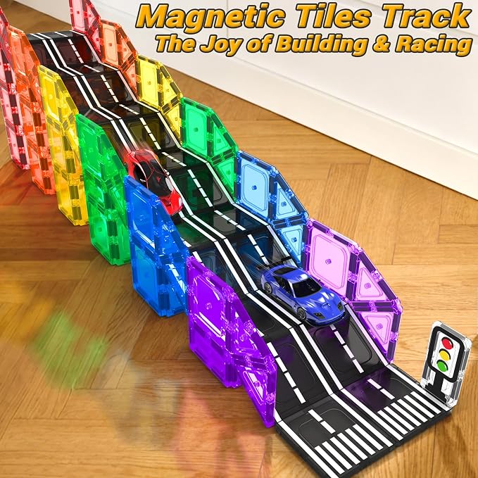 104 PCS Magnetic Tiles Road Set, STEM Magnet Toys Gift for 3+ Year Old Boys - Image 2