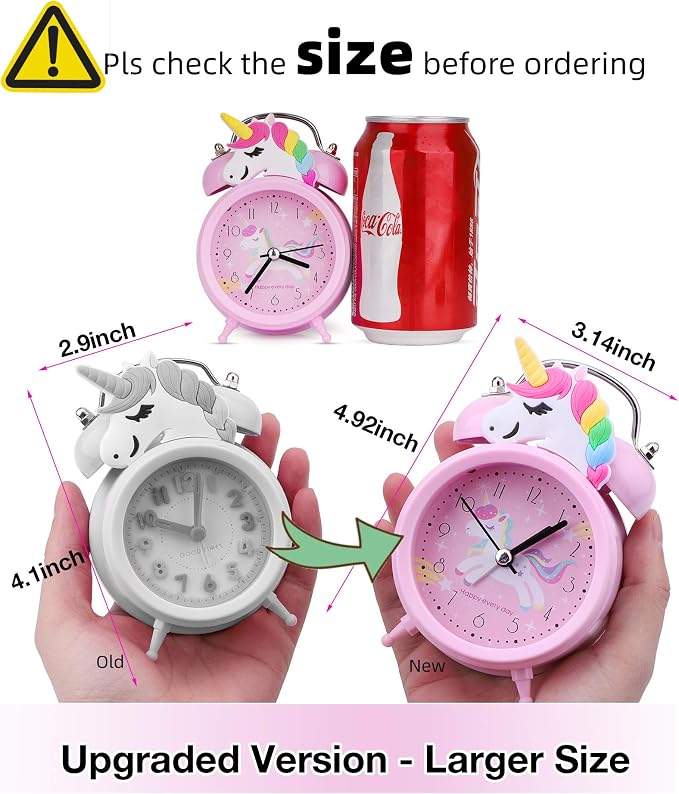 TCJJ Unicorn Alarm Clock for Girls Kids, Cute Bedroom Decoration, Non Ticking Silent Second Hand, w/Backlight Super Loud Twin Bell, for Kids Unicorn Gifts (Pink) - Image 2