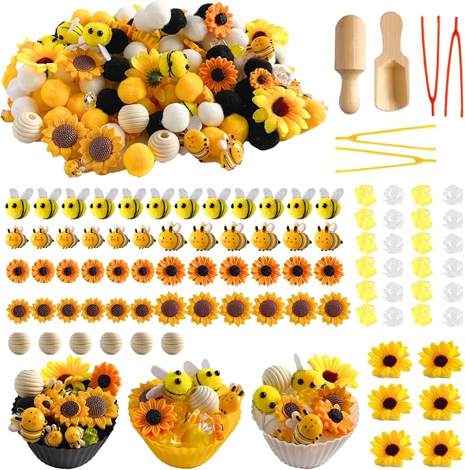 196Pcs Sensory Bin Filler, Fine Motor Toys Bee Themed Sensory Bin Items Counting Sorting Toy Colorful Pom Poms Cup Bee Honeycomb Wooden Scoop for Preschool Education Activities by Unvola
