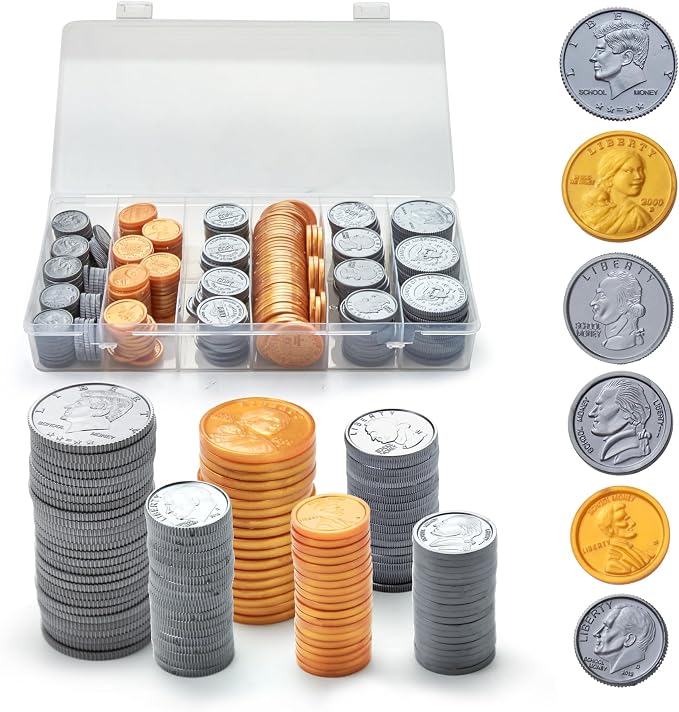 TOMMYHOME Fake US Coins Play Money 300 PCS Set – 6 Types of Coins,Realistic Prop Money for Kids,Toy Cash Register, Pretend Play Toys – Homeschool Teaching Supplies(307) by TOMMYHOME