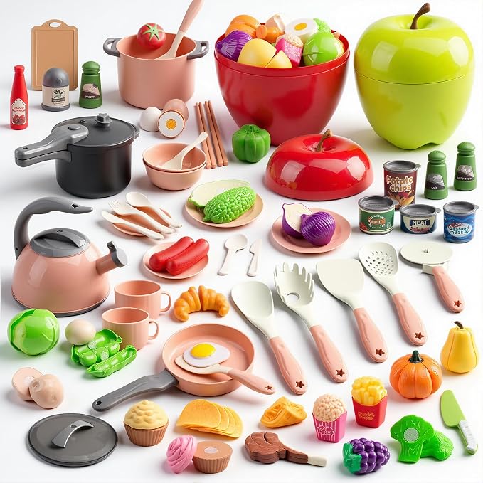 100Pcs Kitchen Playset, Kids Pretend Cooking Play Pots, Pans, Utensils, Cookware, Toy Food Fruits Veggies, with 2 Large Apple - Shaped Storage, Toddler Cooking Learning Gift(Pink) by Funpynani