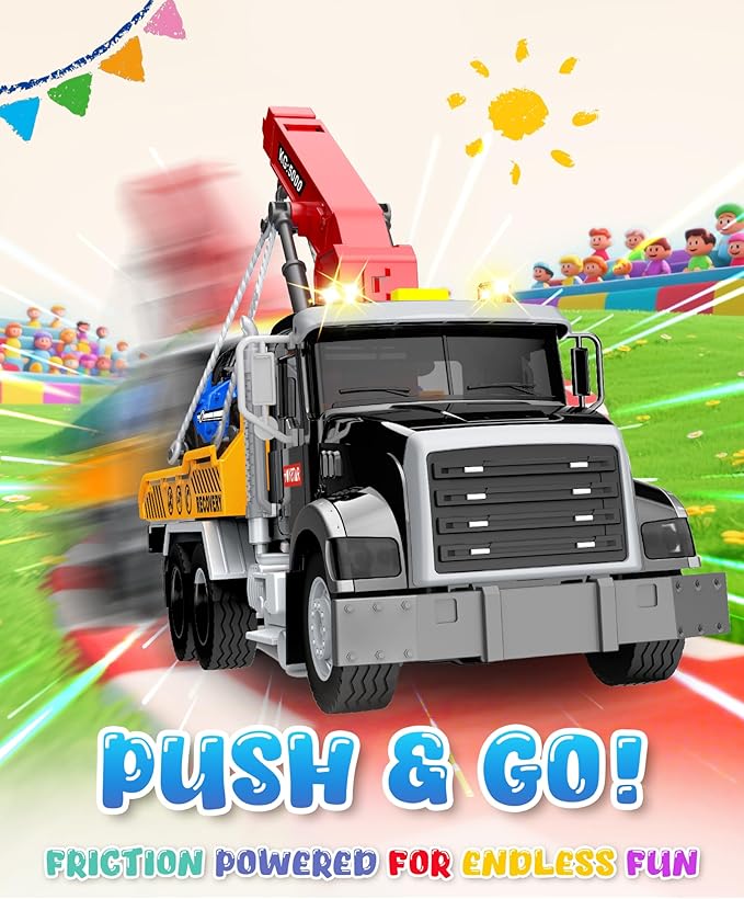 Kids Toys for 3 4 5 6 7 Years Old Boys, 15" Large Tow Truck Toy, Friction Powered Transport Toy Trucks with Lights and Sounds, Birthday Gifts for Boys & Girls with Racing Car