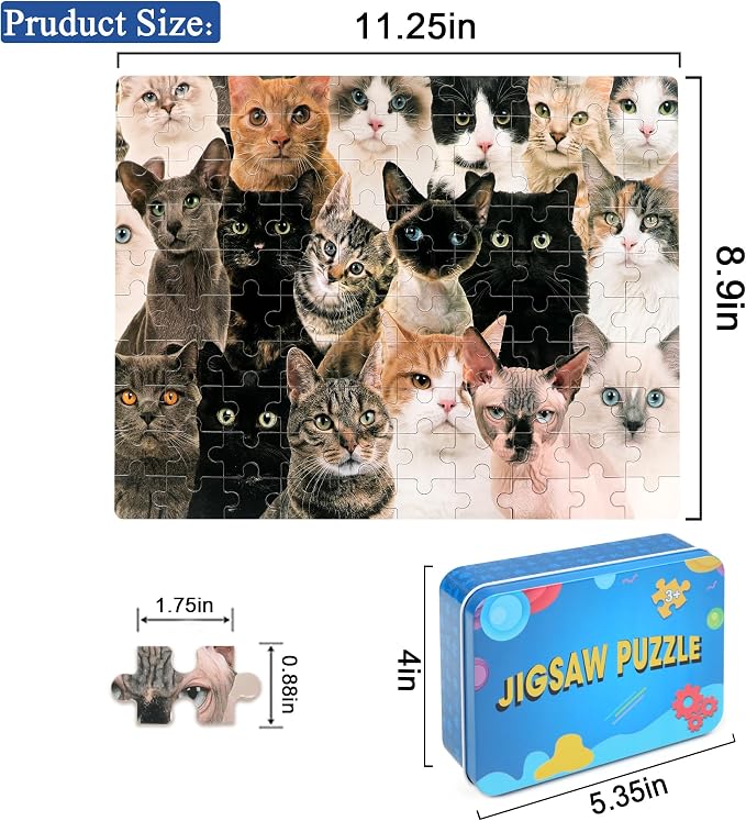 LELEMON 100 Pieces Cute Cats Jigsaw Puzzle for Kids Ages 4-8 Multicolor Cats Puzzles in a Metal Box Children Girls Boys Learning Educational Puzzles Toys - Image 2