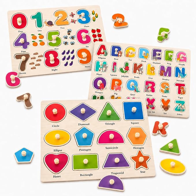 Wooden Peg Puzzles for Toddlers, 3 Pack Large Wooden Knob Puzzles for Ages 3-5, Montessori Shape Matching Toys, Preschool Learning Puzzles for Fine Motor Skills, Birthday Gifts for Boys Girls 3 4 5 by NASHRIO