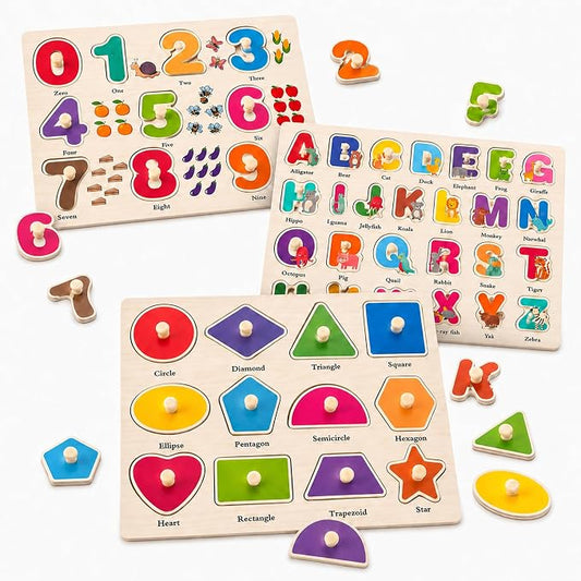 Wooden Peg Puzzles for Toddlers, 3 Pack Large Wooden Knob Puzzles for Ages 3-5, Montessori Shape Matching Toys, Preschool Learning Puzzles for Fine Motor Skills, Birthday Gifts for Boys Girls 3 4 5 by NASHRIO