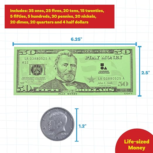 LEARNING ADVANTAGE Play Money Set, 100 Bills and 94 Coins - Image 3