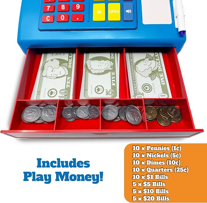 Dr. STEM Toys Solar Powered Calculator Pretend Cash Register with Play Money – 67-Piece Set for Learning Math Skills, STEM Cash Register for Kids (Blue) - Image 4