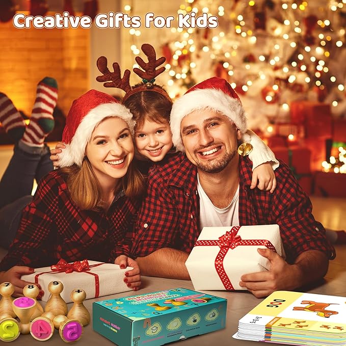 ‌Wooden Alphabet & Number Stampers Set with 7-Color Ink Pad | ABCs 123s Learning Stamps & Flashcards | Preschool Homeschool Classroom Supplies Gift for Ages 3+