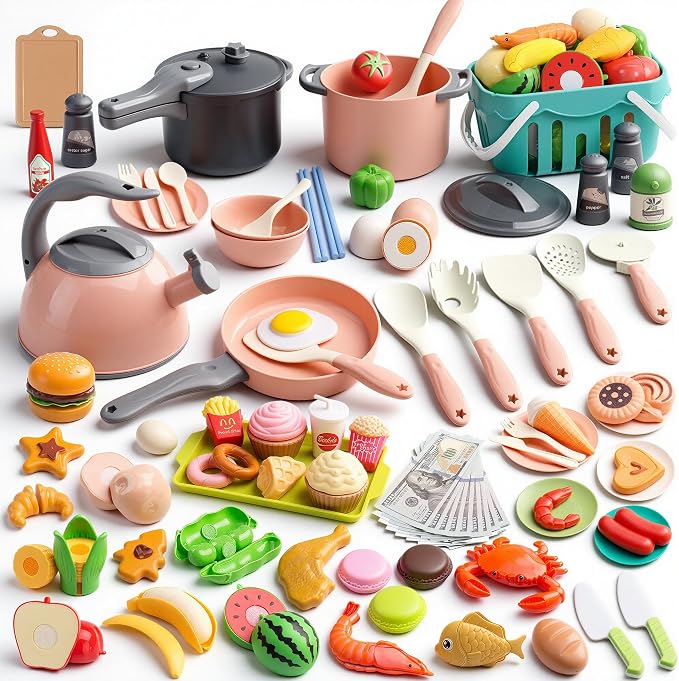 130Pcs Kitchen Playset, Toddler Pretend Cooking Play Pots, Pans, Utensils Cookware, Daily Food Fruit Veges, Shopping Storage Basket, Dessert, Prop Money, Learning Gift for Child (Pink) by Funpynani