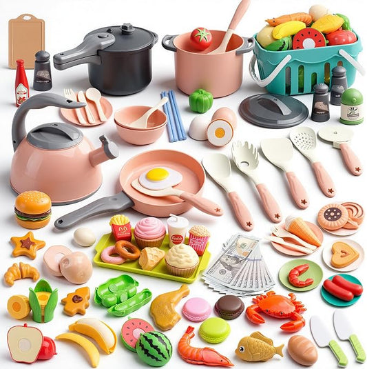130Pcs Kitchen Playset, Toddler Pretend Cooking Play Pots, Pans, Utensils Cookware, Daily Food Fruit Veges, Shopping Storage Basket, Dessert, Prop Money, Learning Gift for Child (Pink) by Funpynani
