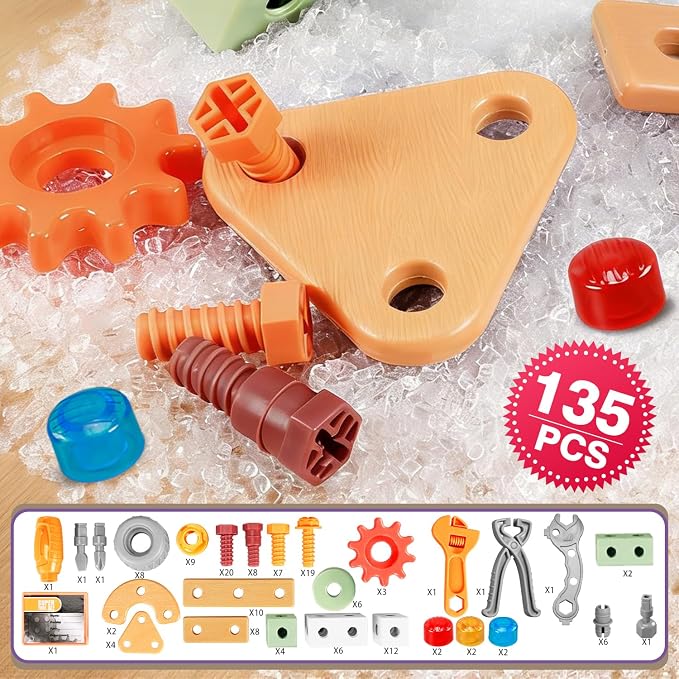 VEAIS Kids Tool Set,135Pcs Tool Set with Toolbox,Educational Montessori Toys,STEM Pretend Play Construction Toys for 3 4 5 Year Old,ABS Plastic Repair Toolkit for 3-6 Year Old Boy,Best Birthday Gift - Image 3