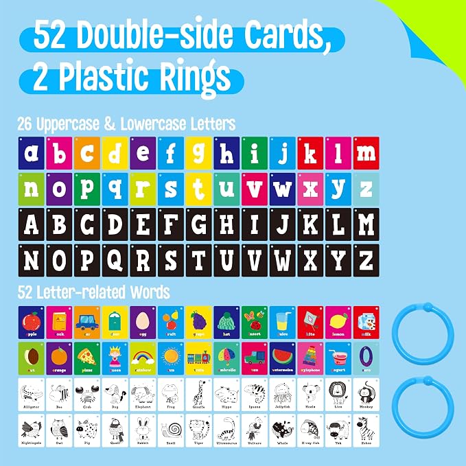 52 PCS Baby Visual Stimulus Cards, Double-Sided High Contrast Black and White, Colorful Alphabet Words Flashcards, Visual Sensory Development Montessori Cards Set for Newborn Baby, Kids, Preschool - Image 2
