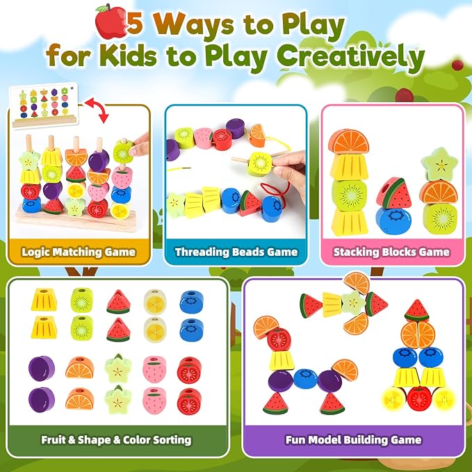 Montessori Wooden Beads Stacking Toys: 2 3 4 Year Old Boys Girls Birthday Gifts - Toddler Sequence Game & Sorting Blocks & Lacing & Matching Shape - Preschool Learning Activities for 2-5 Years Kids - Image 4