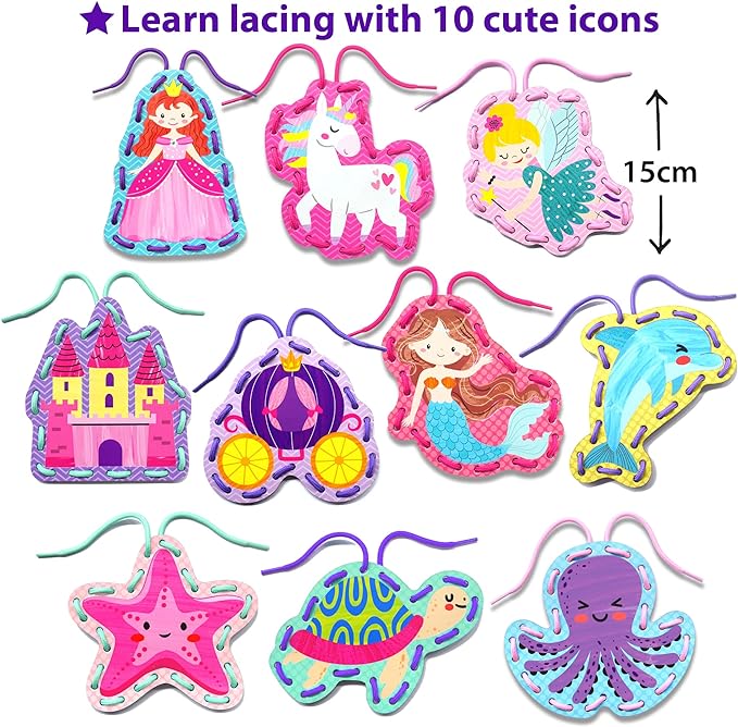 KRAFUN Beginner Unicorn My First Lacing Card Kit for Kids Arts & Crafts, 10 Easy Princess, Mermaid, Lacing Projects, Toddlers Lace Project, Fine Motor Preschool Skills Toys