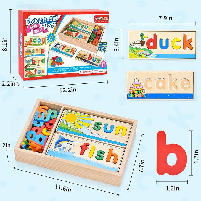 Atoylink Wooden Spell Learning Toys for 2 3 4 5 Year Old Kids Match Letter Spelling Game Board & Letters & Box, CVC Word Builder Toddler Educational Toy Kindergarten Preschool Learning Activities - Image 7