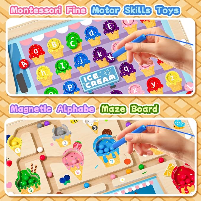 2 in 1 Magnetic Color and Number Maze Double-Sided ABC Alphabet Puzzles Board Magnet Dinosaur Counting Maze Preschool Learning Montessori Education 3 4 5 Years Toys (Ice Cream, One Size) - Image 3