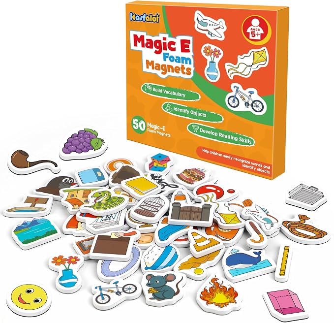 Kasfalci Magic E Word Games,Phonics Games,50 Magnetic Foam Objects,Fridge Magnets for Kids,Speech Therapy Toys for Toddler,Learn to Read Spelling Reading Learning for Preschool Kindergarten Classroom by Kasfalci