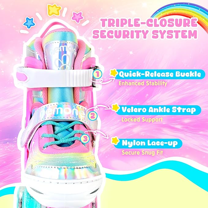 NEMONE Mermaid 4 Size Adjustable Light up Roller Skates for Girls, Purple Blue Skates for Toddlers, Beginner Kids Butterfly Roller Skates Indoor Outdoor