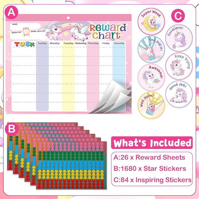 Magnetic Reward Chart for Kids at Home, Behavior Chart Pad with 26 Chore Charts, 1680 Star Stickers, 84 Motivational Stickers to Develop Responsibility & Good Habits (Unicorn) - Image 2