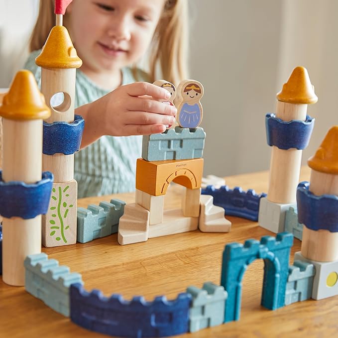 PlanToys® Castle Blocks Wooden Montessori Building and Imaginative Play Set | Creative Thinking, Fine Motor and Early STEM Learning Activity | Eco Friendly Open Ended Construction Toy