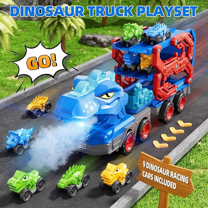 10 in 1 Dinosaur Truck Toys for Kids Toddlers Boys 3-5 4-8, Dino Carrier Truck with Foldable Track, Spray, Light & Sounds and 9 Dino Cars, Birthday Gifts for Kids Boys Girls 3 4 5 6 7 8 Year Old