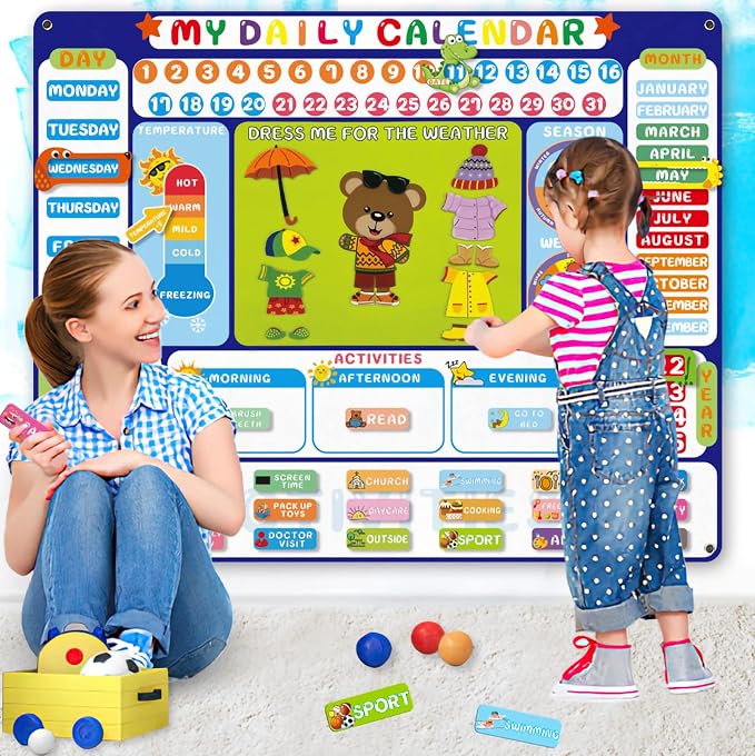 My Daily Calendar Felt Board for Kids Preschool Classroom Calendar 3.5Ft Circle Time Learning Center All About Today Activities Bear Dress Emotion Weather Season Days of the Week for Toddlers Learning - Image 5