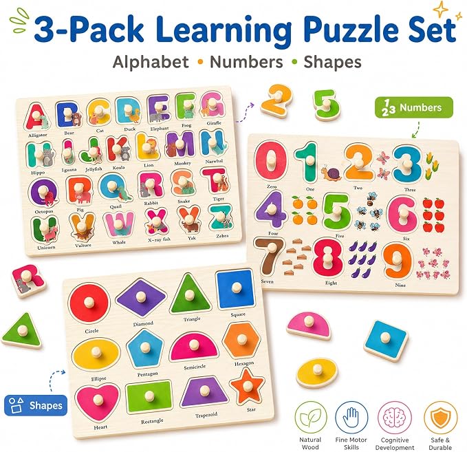 Wooden Peg Puzzles for Toddlers, 3 Pack Large Wooden Knob Puzzles for Ages 3-5, Montessori Shape Matching Toys, Preschool Learning Puzzles for Fine Motor Skills, Birthday Gifts for Boys Girls 3 4 5 - Image 2