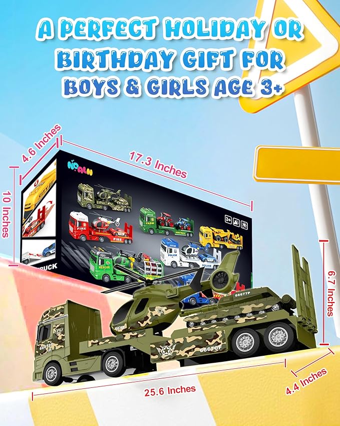 Toddler Boy Toys for 3 4 5 6 7 Years Kids, 25.6" Large Semi Truck Toy with Tank and Helicopter Toy, Army Military Toys with Sounds and Lights, Birthday Chritmas Gifts for Child