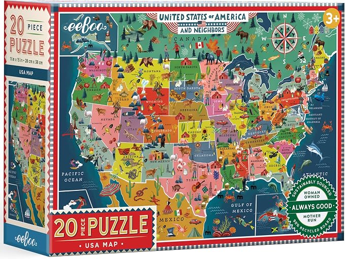eeBoo USA Map 20 Giant Piece Children's Puzzle, 15" x 11" by eeBoo