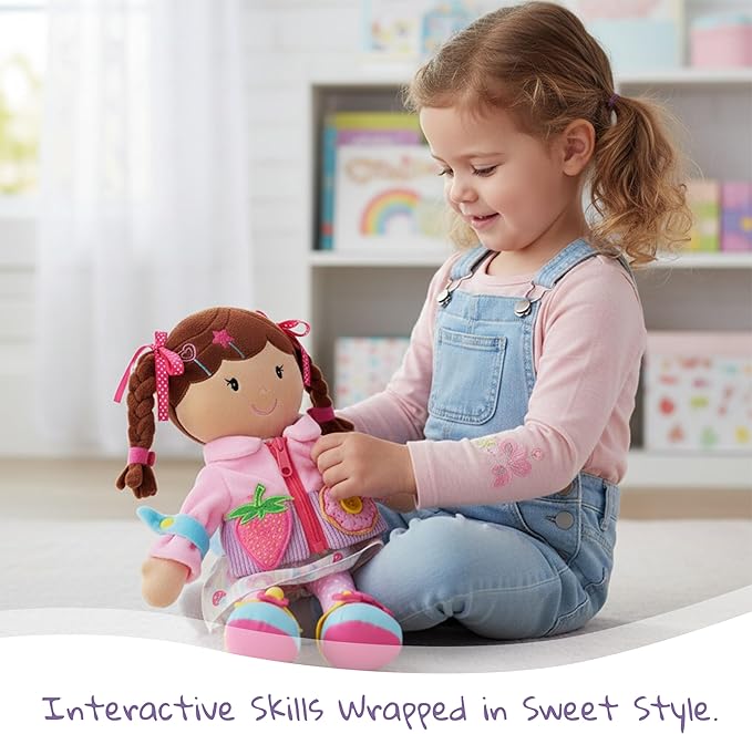 June Garden 15.5" Dressy Friends Daisy - Educational Stuffed Plush Doll for Kids and Toddlers 2 Years and Up - Montessori Buckle Soft Toy - Image 3