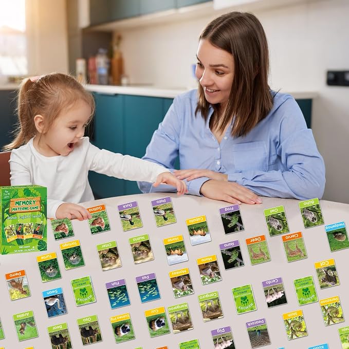 gisgfim 100 PCS Memory Matching Games Spanish English Bilingual Animal Memory Matching Games Educational Game for Kids and Adults A Fun & Fast Animal Game Toddlers Preschool Family Board Gift - Image 4