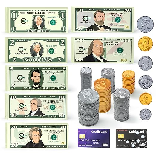 Play Money Set for Kids with Bills & Coins,Pretend Play Cash for Homeschool, Game Currency for Education, Board Games by TOMMYHOME