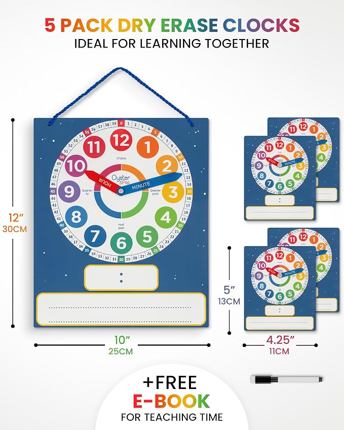 Oyster&Pop Analog Teaching Clocks for Kids - 5-Pack Dry Erase Classroom Set - Image 3