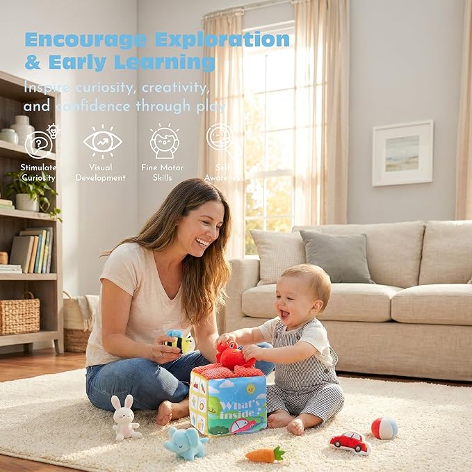 Baby Toys 6-12 Months - Mystery Soft Box with 8 Sensory Plush, Whats Inside Box with Rattle, Crinkle, Mirror, Montessori Toys for Toddlers 1-3, Early Development Christmas Birthday Gift