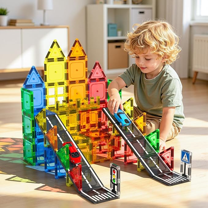 Magnetic Tiles Road Set, STEM Magnetic Blocks for Kids Ages 3-5 4-8 5-7, Construction Magnet Tiles Kids Toys, Christmas Birthday Gift for Boys Girls Ages 3+ - Image 4