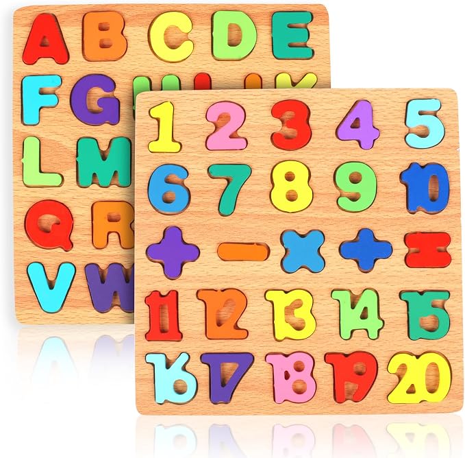 2 Pack Wooden Puzzles, Toddlers Alphabet Number Puzzles, ABC Learning Toys for Kids Ages 3-5, Preschool Learning Activities Gift Set for Boys & Girls by Rindion