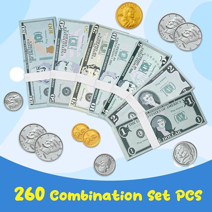 260-Piece Educational Play Set for Kids – Develop Early Math Skills with Realistic Pretend Bills, Education Develop Early Math Skills, Birthday Gift Preschool Games for Ages 3+ (260 piece-1) - Image 2