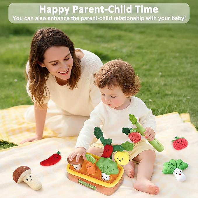 Baby Toys for 6-12 Months, Fruits Vegetables Plush Montessori Toys, Color Shape Sorting Crinkle Rattle Textures Sensory Toy, Fine Motor Skills Christmas Baby Gift for 0+ Boys Girls