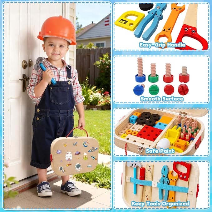 59Pcs Kids Tool Set with Electric Drill, Montessori Wooden Toys Kit - Image 5