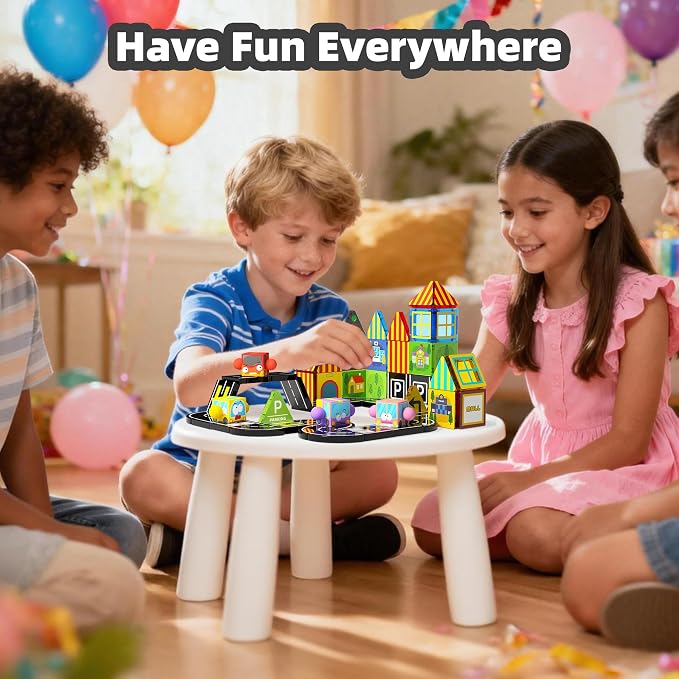GobiDex 60PCS Mini Magnetic Tiles Travel Toys with 4 Cars - Image 5