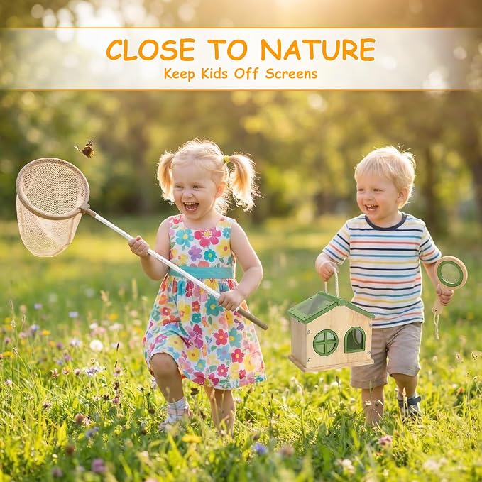 SainSmart Jr. Bug Catcher for Kids - Wooden Bug Habitat with Magnified Viewer, Butterfly Net, Observation Box, Tweezers & 15 Cards, Outdoor Toys & STEM Toys for Boys & Girls Ages 3+, Green - Image 2