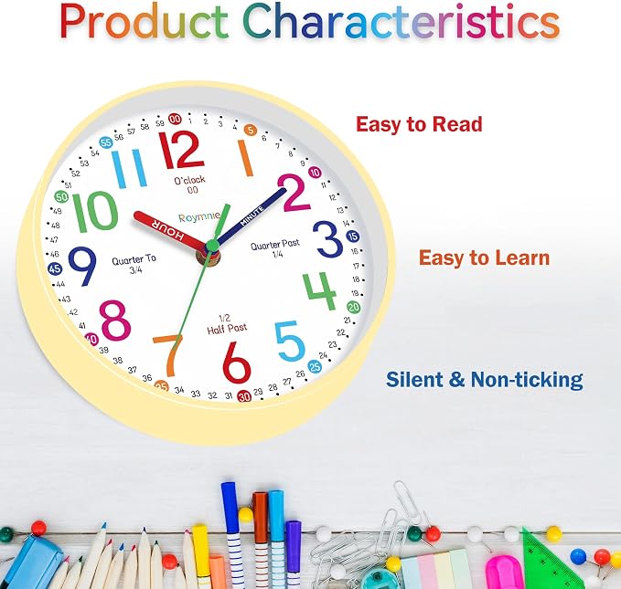 Roymnie Wall Clock 8" for Kids Learning Battery Operated Teaching Silent - Image 6
