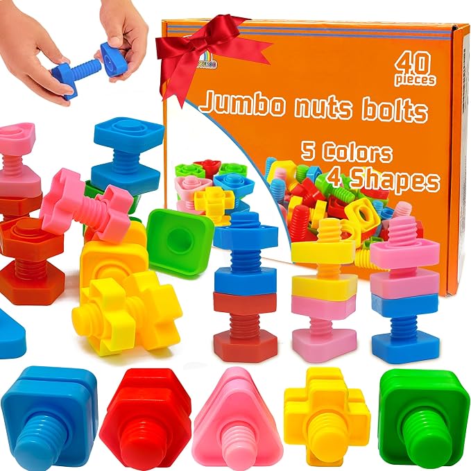 Jumbo Nuts and Bolts for Toddlers - 40 Pcs Screw Toys for Toddlers 3 - Occupational Therapy Toy with Storage Tote and Book - Shape Sorter Fine Motor Toy - Manipulatives for Preschoolers by RAINBOWTOYFROG